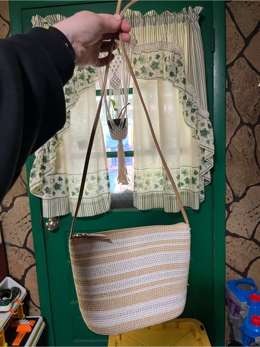 Woven Stripe Crossbody Bag in Beige and White